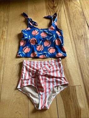Kortni Jeane Coral Stripe Bikini Bottom & Blue Peach Print Top retro tankini